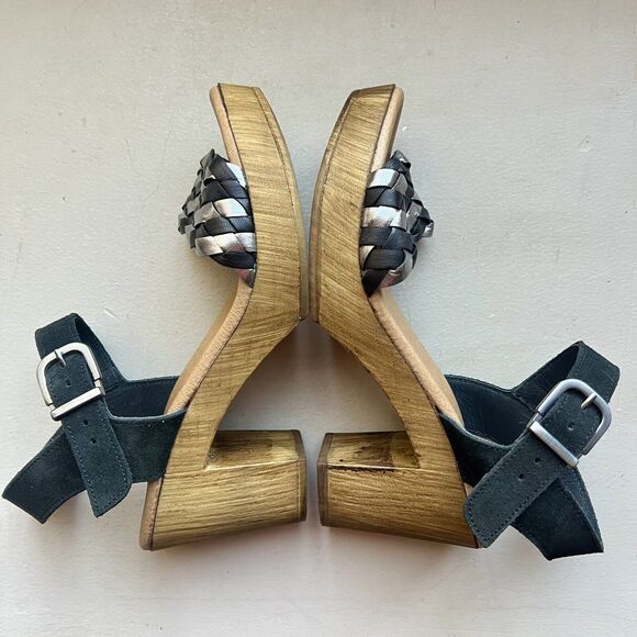 Eric Michael Rachel Black & Metallic Silver Sandals & Faux Wood Size EU 37 US 7 - Picture 4 of 16